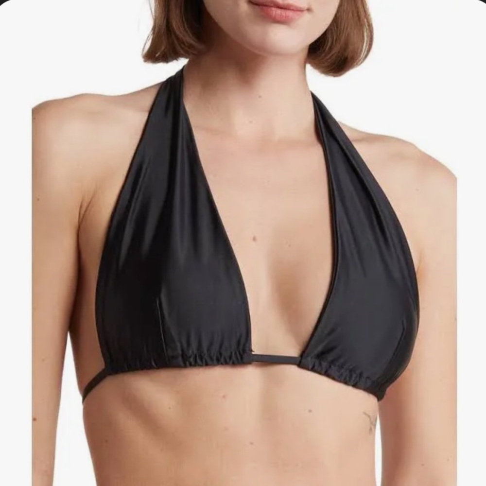 Good American Ruched Black Halter Bikini Top